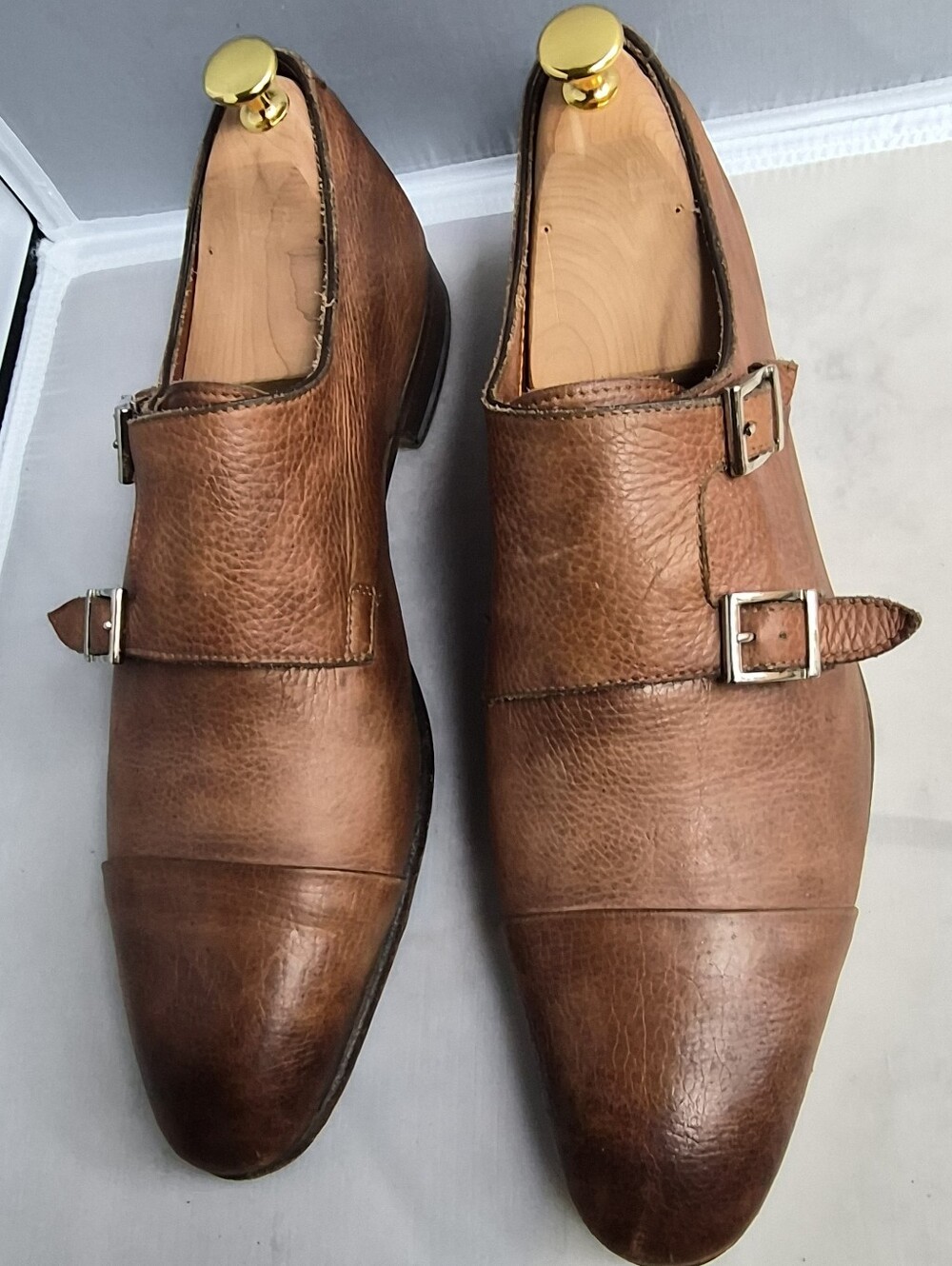 Santoni Carter Double Monk Strap Leather Shoes Brown Men's Size